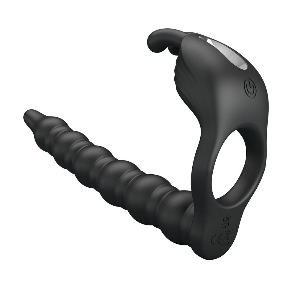 Party Up Marcus Ring & Anal Plug Black Usb Rechargeable Vibrating Cock Ring With Double Penetrator