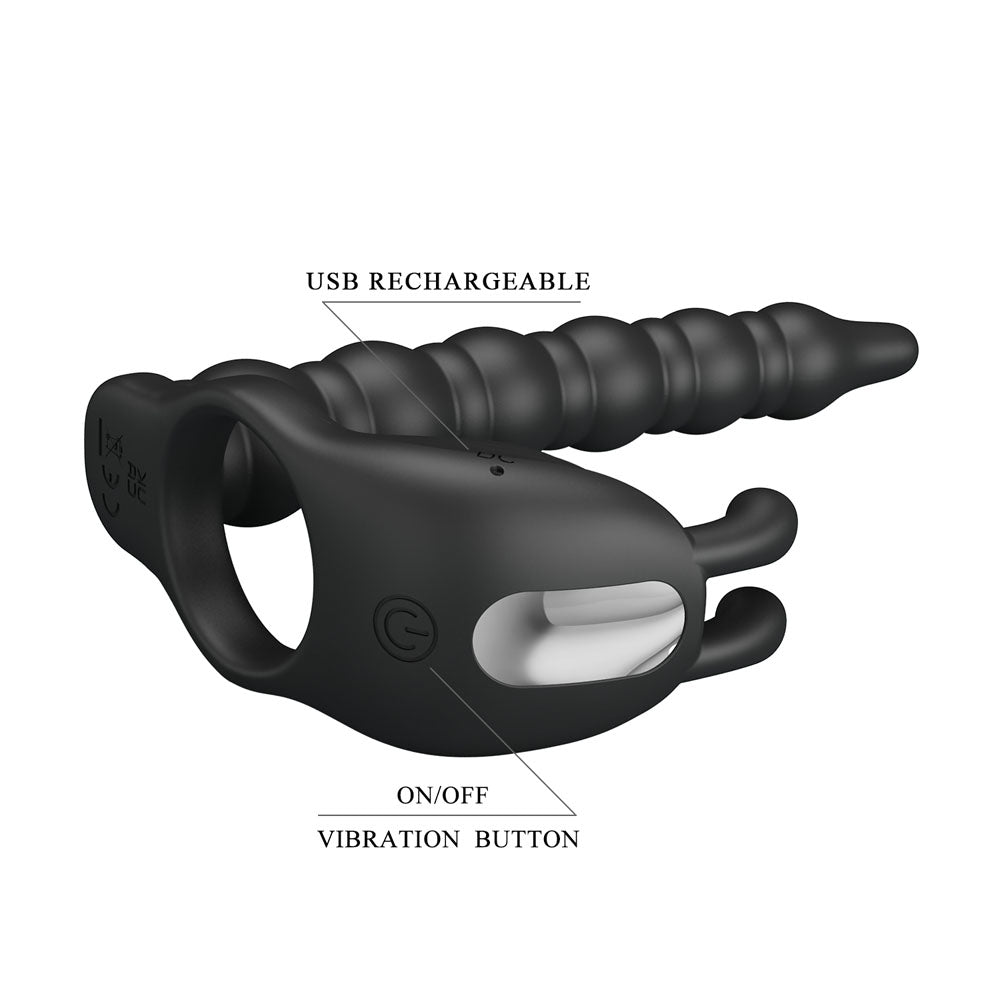 Party Up Marcus Ring & Anal Plug Black Usb Rechargeable Vibrating Cock Ring With Double Penetrator