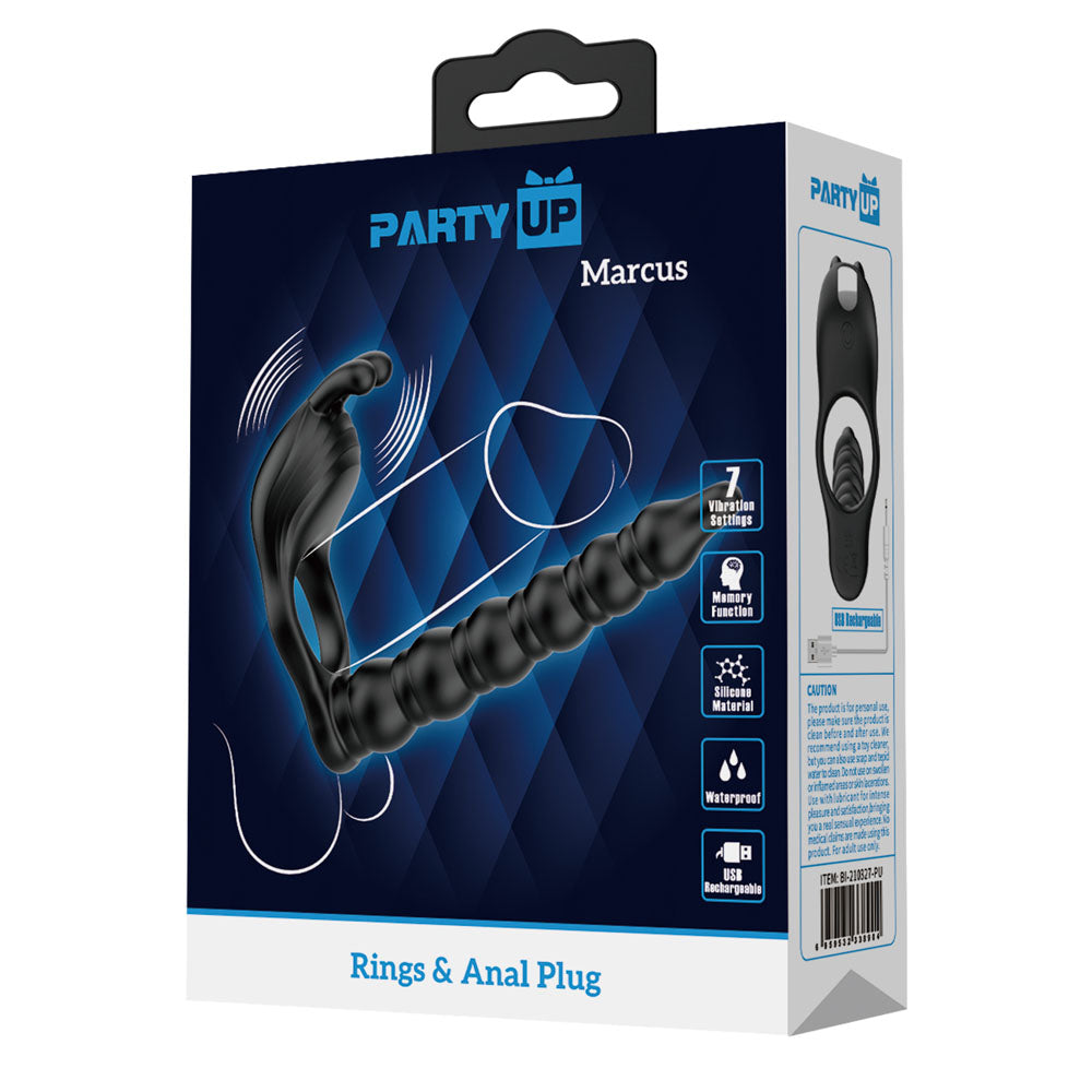 Party Up Marcus Ring & Anal Plug Black Usb Rechargeable Vibrating Cock Ring With Double Penetrator