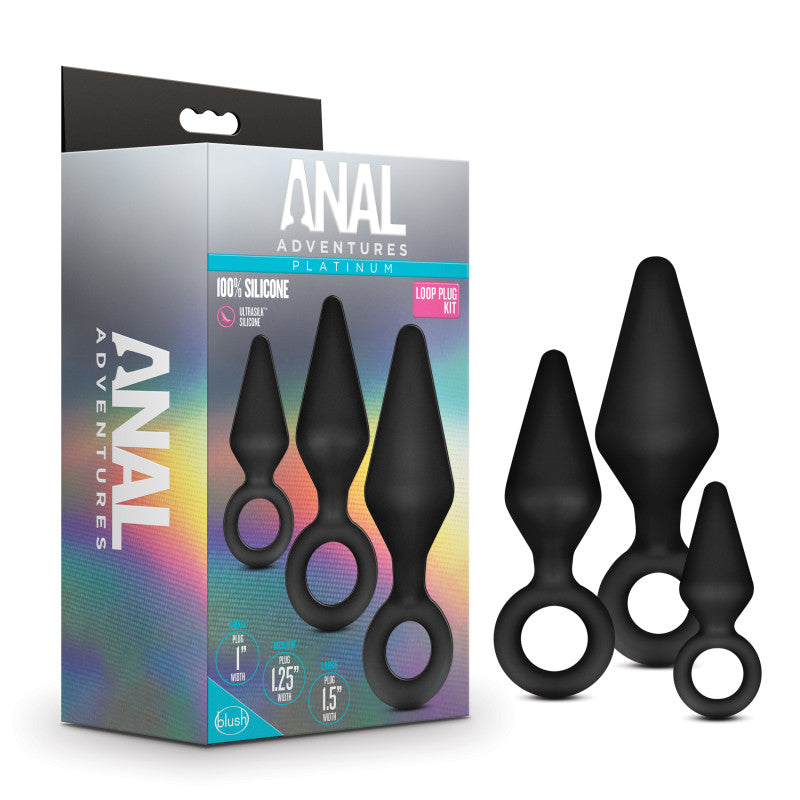 Anal Adventures Platinum Loop Plug Kit Black Butt Plugs Set Of 3 Sizes