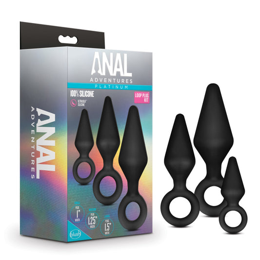 Anal Adventures Platinum Loop Plug Kit Black Butt Plugs Set Of 3 Sizes