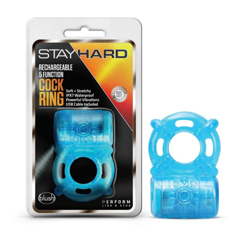 Stay Hard Rechargeable 5 Function Cock Ring Blue Usb Rechargeable Vibrating Cock Ring