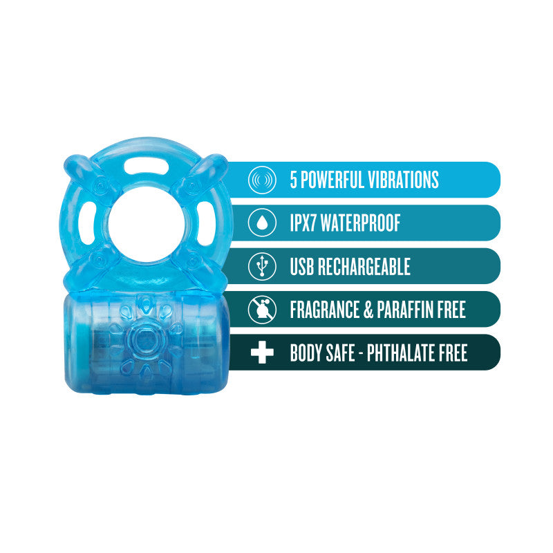 Stay Hard Rechargeable 5 Function Cock Ring Blue Usb Rechargeable Vibrating Cock Ring