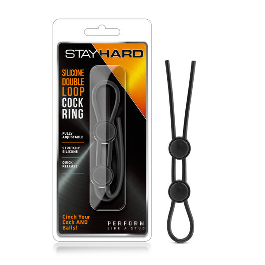 Stay Hard Silicone Double Loop Cock Ring Black Adjustable Lasso Cock Ring