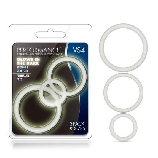 Performance Vs4 Pure Premium Silicone Cockrings Glow In The Dark Cock Rings Set Of 3 Sizes