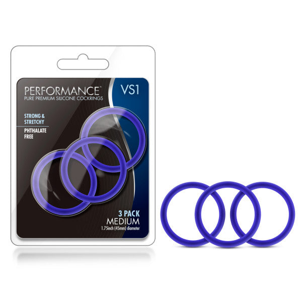 Performance Vs1 Pure Premium Silicone Cockrings Indigo Blue Medium Cock Rings Set Of 3