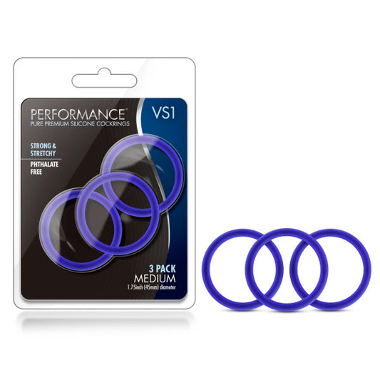 Performance Vs1 Pure Premium Silicone Cockrings Indigo Blue Medium Cock Rings Set Of 3
