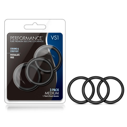 Performance Vs1 Pure Premium Silicone Cockrings Black Medium Cock Rings Set Of 3