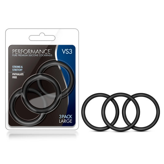 Performance Vs3 Pure Premium Silicone Cockrings Black Large Cock Rings Set Of 3