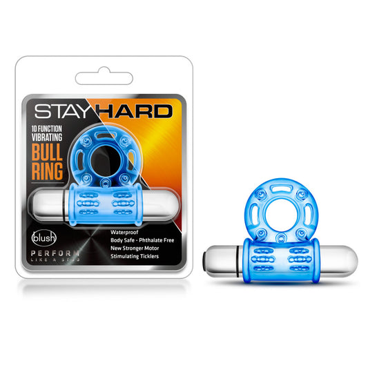 Stay Hard 10 Function Vibrating Bull Ring Blue Vibrating Cock Ring