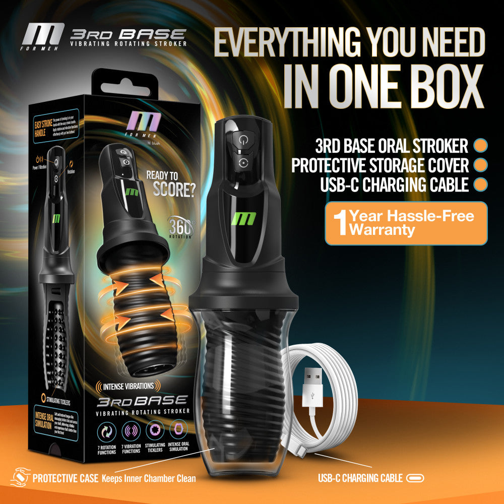 M For Men 3rd Base Black Usb Rechargeable Vibrating & Rotating Auto Stroker
