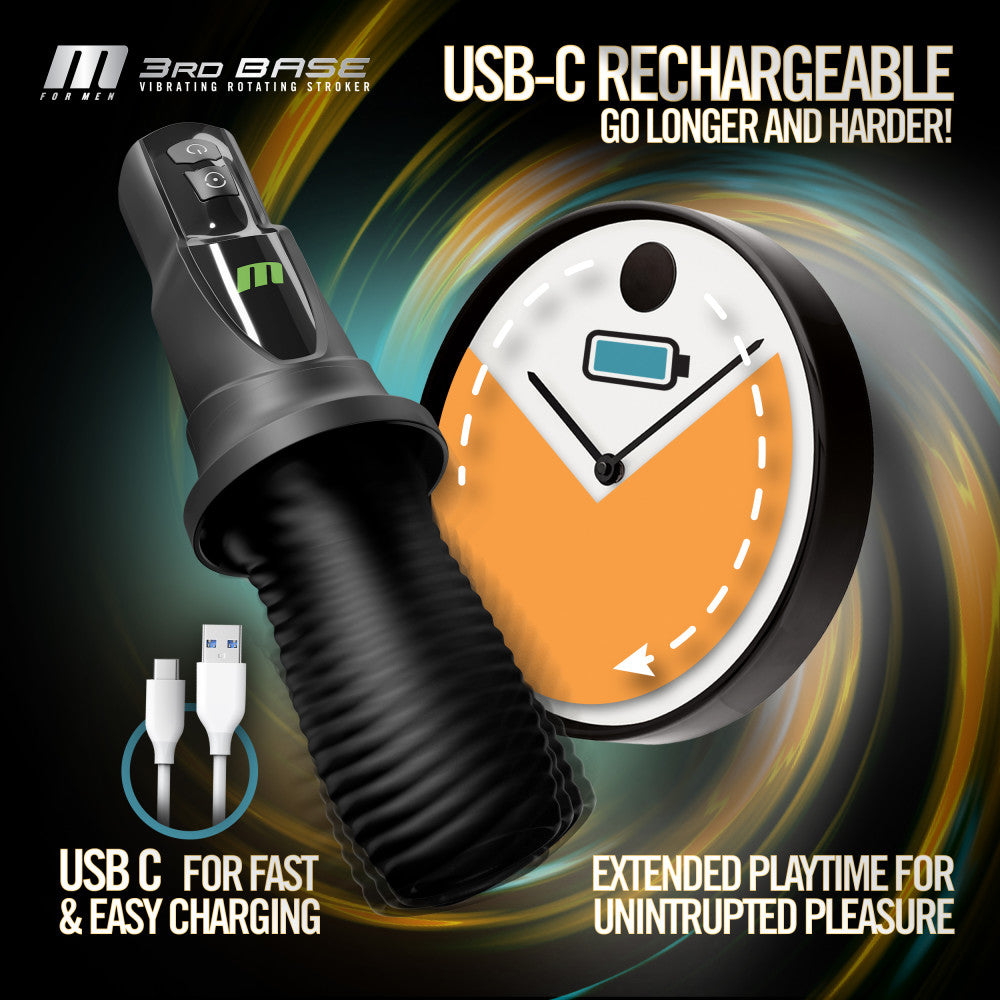 M For Men 3rd Base Black Usb Rechargeable Vibrating & Rotating Auto Stroker