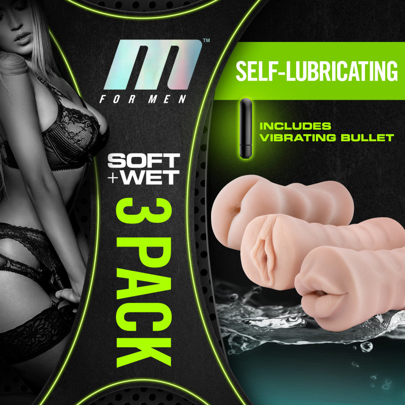 M For Men 3 Pack Self Lubricating Vibrating Strokers Flesh Vibrating Strokers 3 Pack