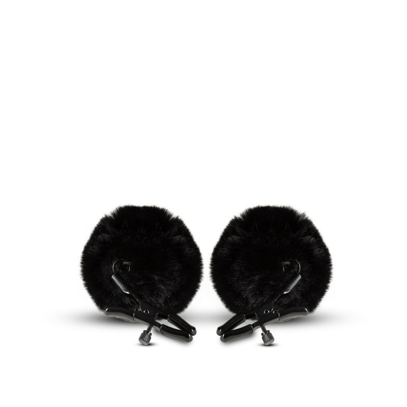 Noir Pom Adjustable Nipple Clamps Black Furry Nipple Clamps