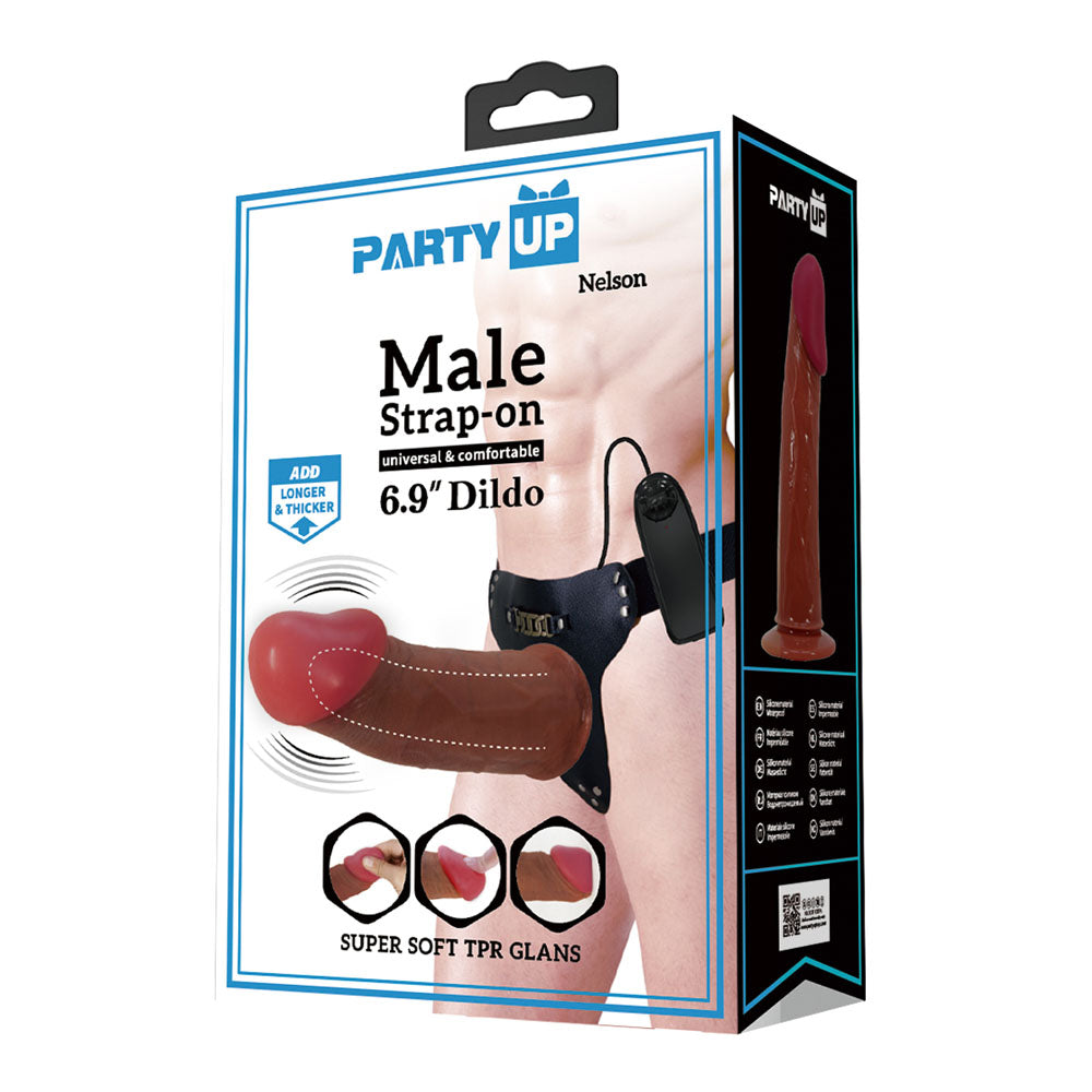 Party Up Nelson Vibrating Strap On Brown 17.5 Cm Vibrating Hollow Strap On