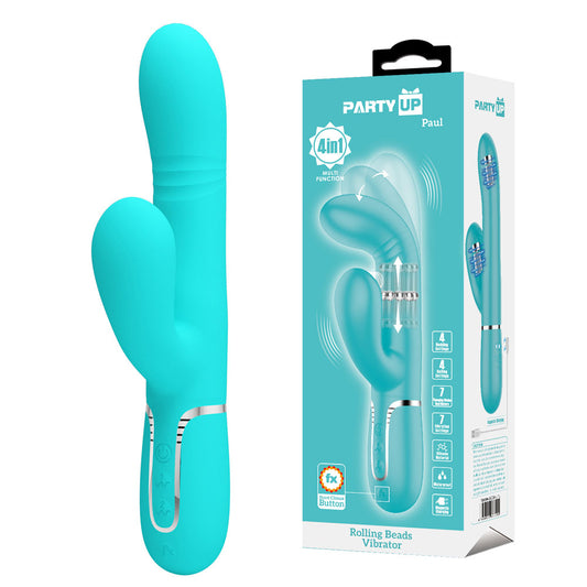 Party Up Paul Rolling Beads Vibrator Teal Teal 22.6 Cm Usb Rechargeable Thrusting Rabbit Vibrator