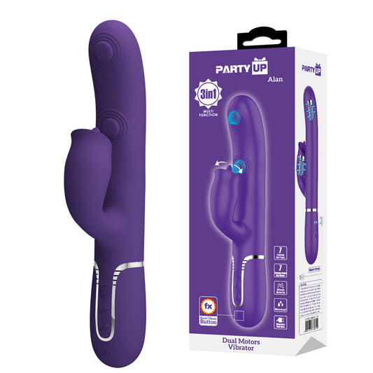 Party Up Alan Dual Motor Vibrator Purple Purple 22.8 Cm Usb Rechargeable Vibrator With Licking Clit Stimulator And Thumping Shaft