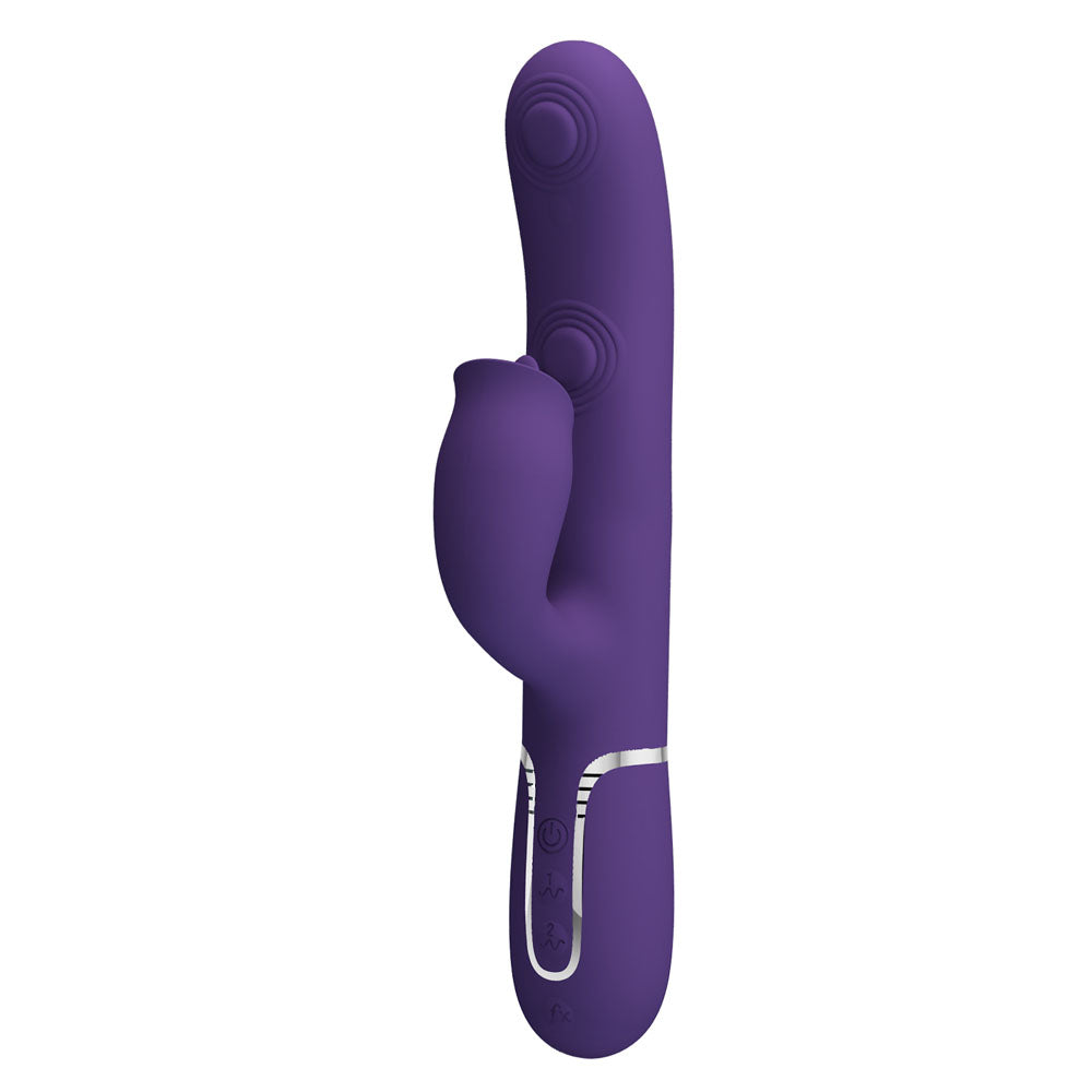 Party Up Alan Dual Motor Vibrator Purple Purple 22.8 Cm Usb Rechargeable Vibrator With Licking Clit Stimulator And Thumping Shaft