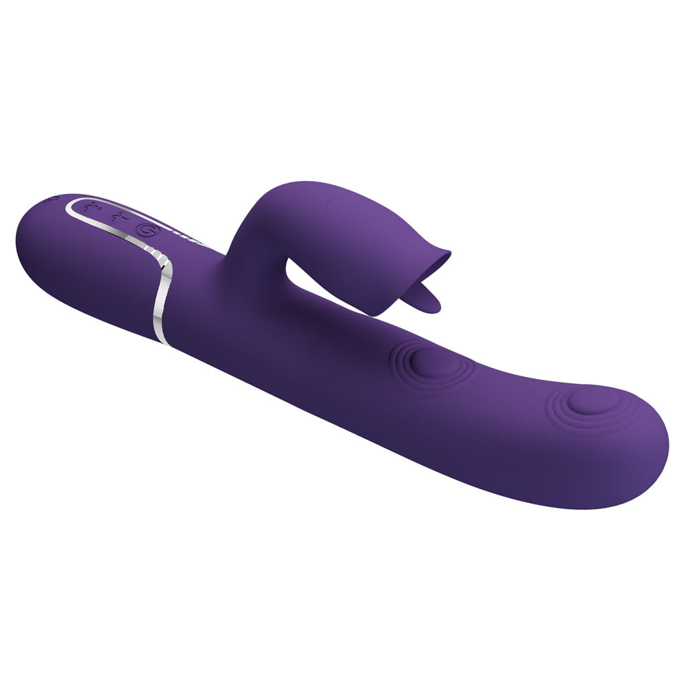 Party Up Alan Dual Motor Vibrator Purple Purple 22.8 Cm Usb Rechargeable Vibrator With Licking Clit Stimulator And Thumping Shaft