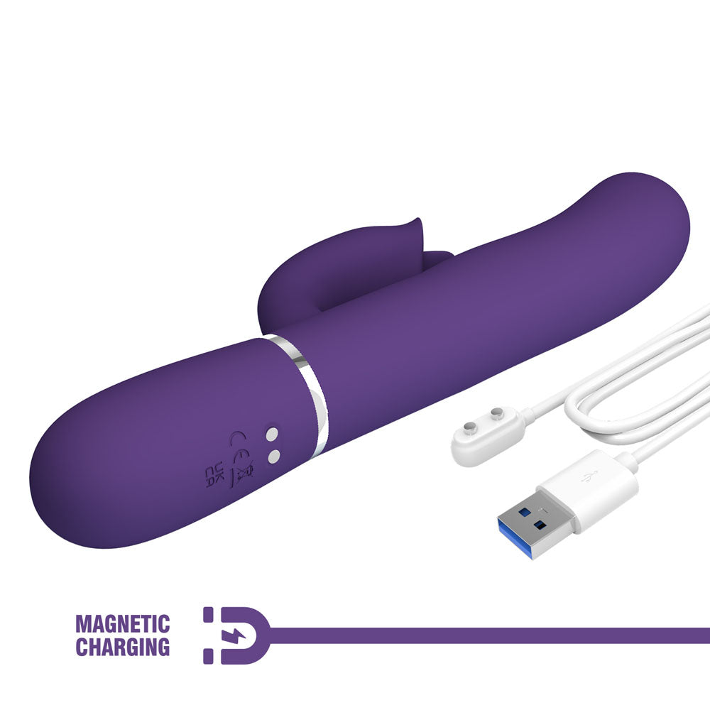 Party Up Alan Dual Motor Vibrator Purple Purple 22.8 Cm Usb Rechargeable Vibrator With Licking Clit Stimulator And Thumping Shaft