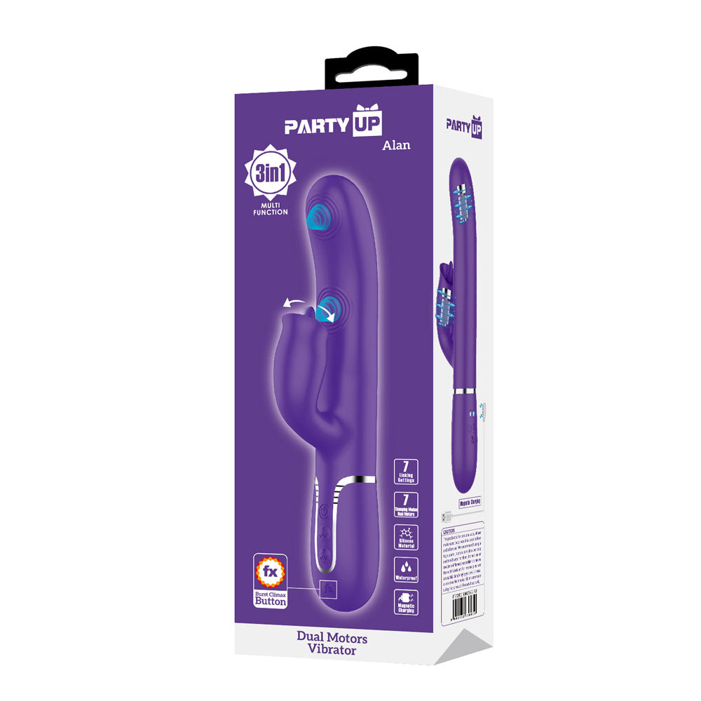 Party Up Alan Dual Motor Vibrator Purple Purple 22.8 Cm Usb Rechargeable Vibrator With Licking Clit Stimulator And Thumping Shaft