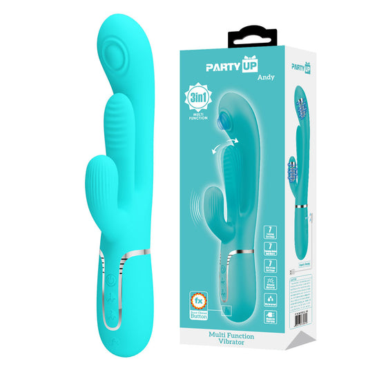 Party Up Andy Multi Function Vibrator Teal Teal 22.2 Cm Usb Rechargeable Rabbit Vibrator With Flicking And Thumping Tip