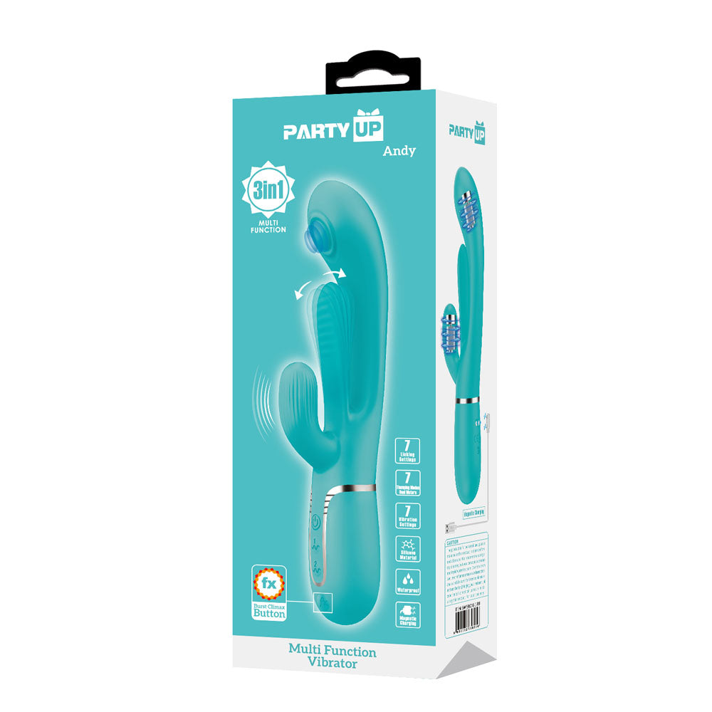 Party Up Andy Multi Function Vibrator Teal Teal 22.2 Cm Usb Rechargeable Rabbit Vibrator With Flicking And Thumping Tip