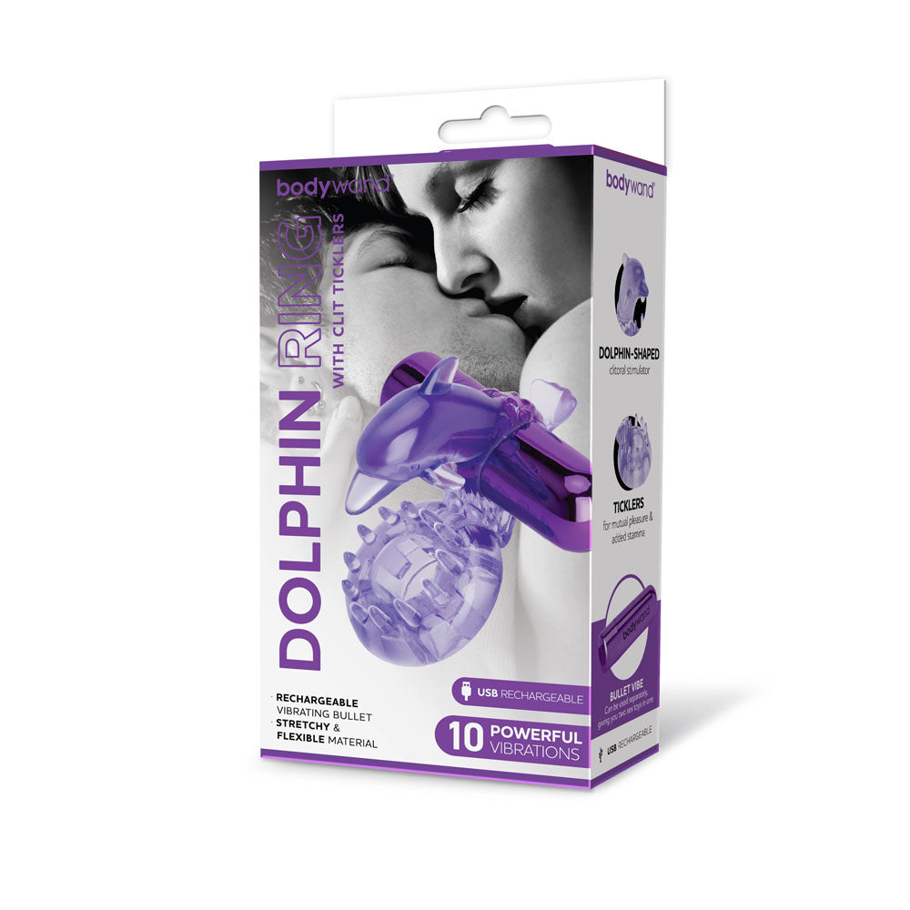 Bodywand Rechargeable Dolphin Ring With Clit Ticklers Purple Usb Rechargeable Vibrating Cock Ring