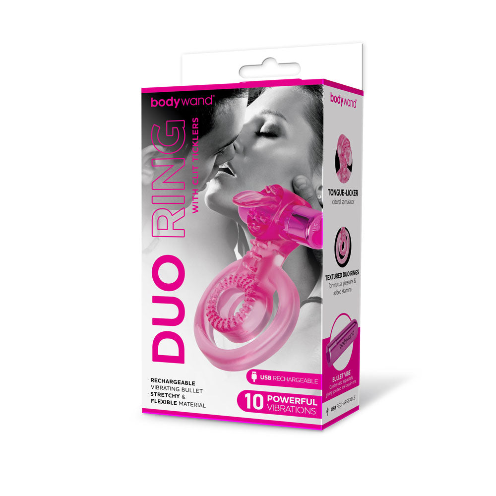 Bodywand Rechargeable Duo Ring With Clit Tickler Pink Usb Rechargeable Vibrating Cock Ring