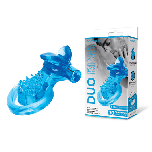 Bodywand Rechargeable Duo Ring With Clit Tickler Blue Usb Rechargeable Vibrating Cock Ring