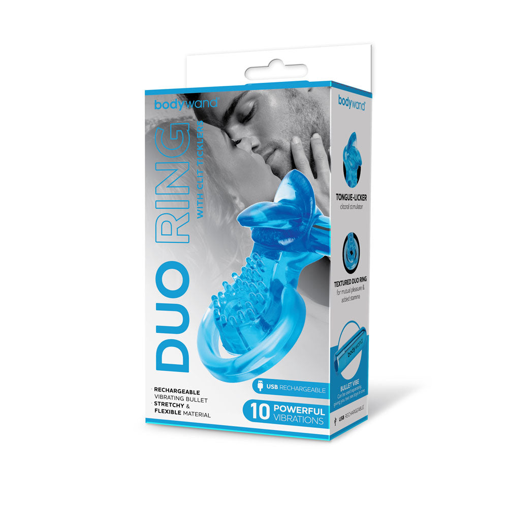 Bodywand Rechargeable Duo Ring With Clit Tickler Blue Usb Rechargeable Vibrating Cock Ring