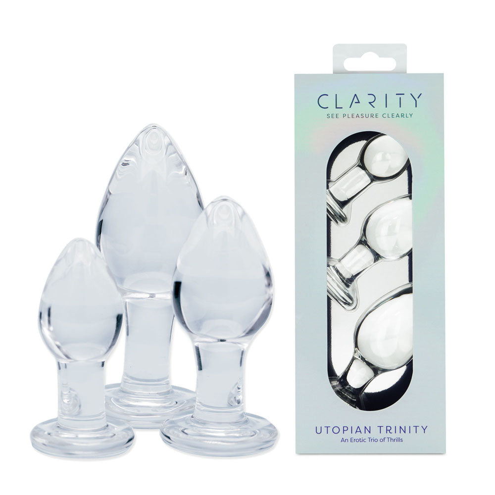 Clarity Utopian Trinity Clear Glass Butt Plugs Set Of 3 Sizes