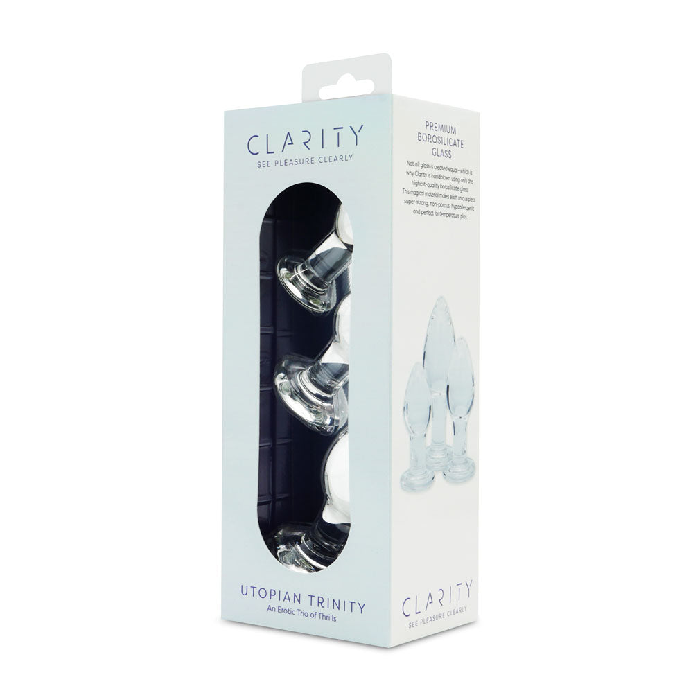 Clarity Utopian Trinity Clear Glass Butt Plugs Set Of 3 Sizes