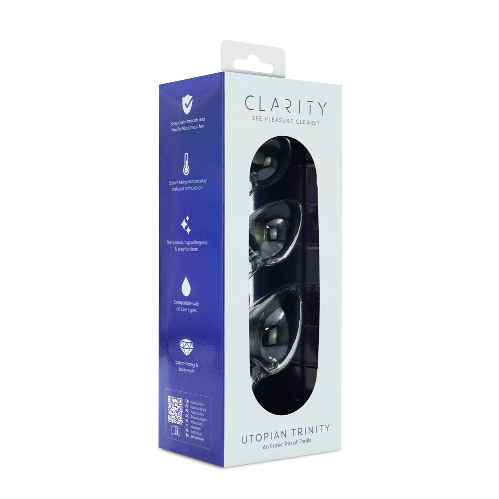 Clarity Utopian Trinity Clear Glass Butt Plugs Set Of 3 Sizes