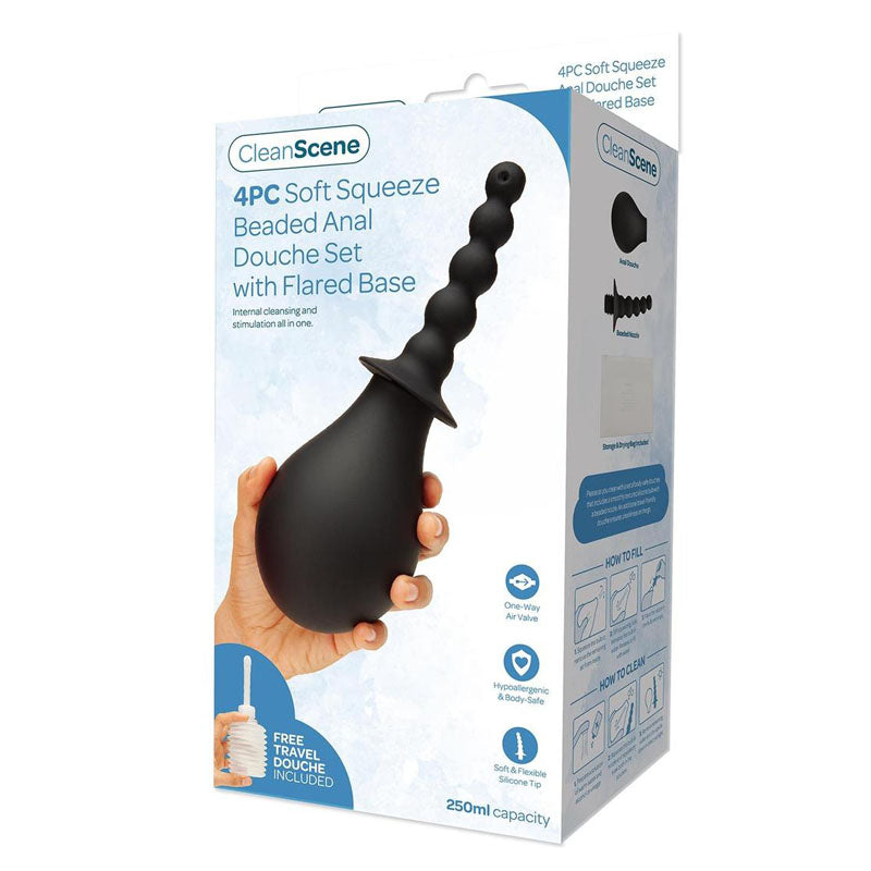 Clean Scene 4 Piece Soft Squeeze Beaded Anal Douche Set With Flared Base 250 Ml Capacity With Free Travel Douche Included