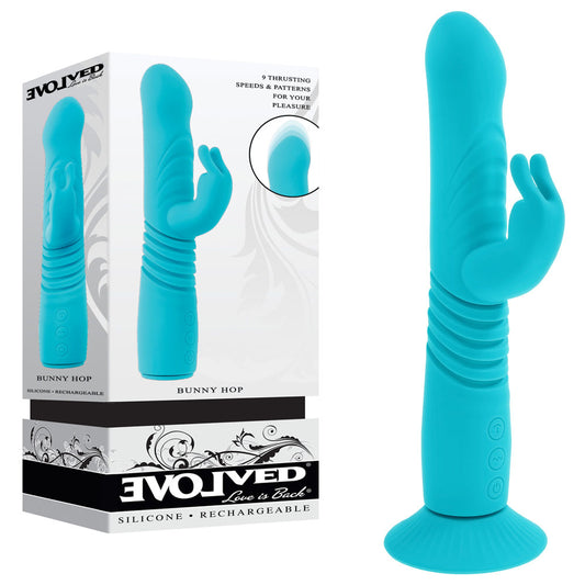 Evolved Bunny Hop Teal 25.1 Cm Usb Rechargeable Thrusting Rabbit Vibrator With Suction Base