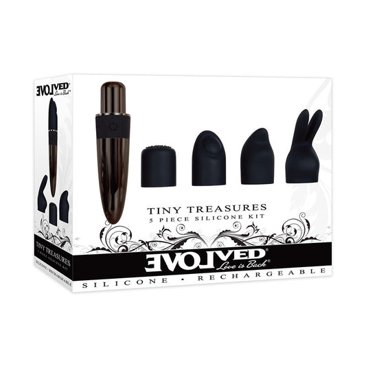 Evolved Tiny Treasures Black Chrome Usb Rechargeable Mini Massager With Attachable Heads