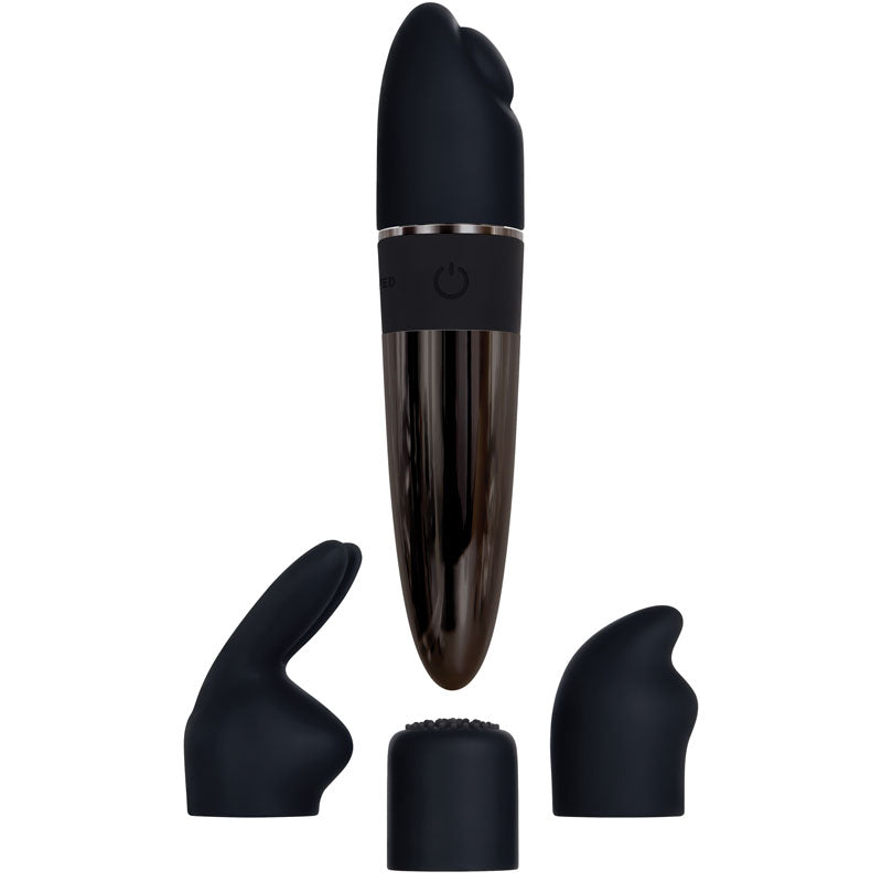 Evolved Tiny Treasures Black Chrome Usb Rechargeable Mini Massager With Attachable Heads