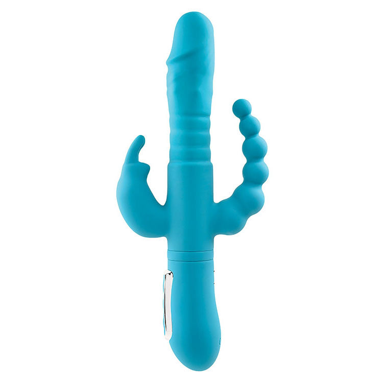 Adam & Eve Thrusting Triple Joy Rabbit Teal 25.4 Cm Usb Rechargeable Rabbit Vibrator With Anal Probe