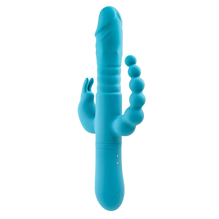 Adam & Eve Thrusting Triple Joy Rabbit Teal 25.4 Cm Usb Rechargeable Rabbit Vibrator With Anal Probe