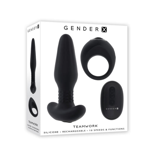 Gender X Teamwork Black Usb Rechargeable Rimming Butt Plug & Vibrating Cock Ring