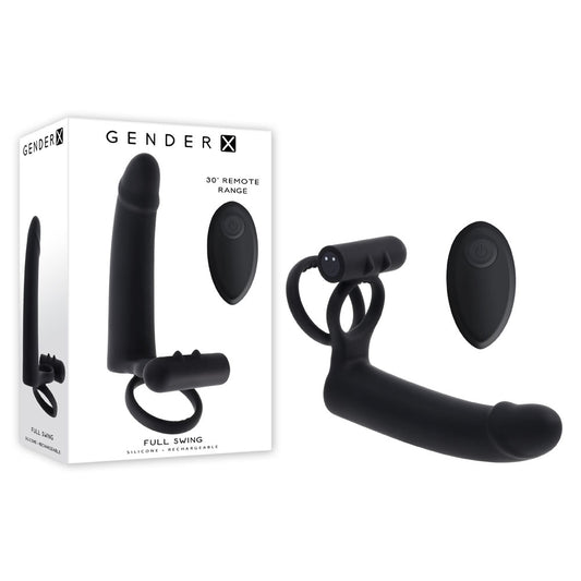 Gender X Full Swing Black Usb Rechargeable Vibrating Cock Ring With Double Penetrator Dildo