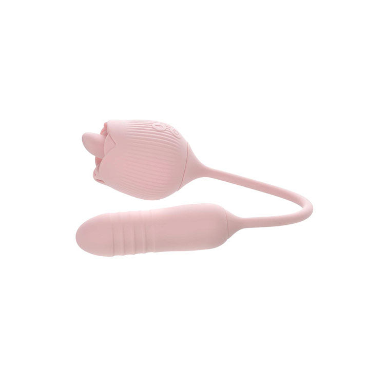 Adam & Eve Thrust & Tickle Rose Vibrator Pink Usb Rechargeable Flickering Rose Stimulator With Thrusting Bullet