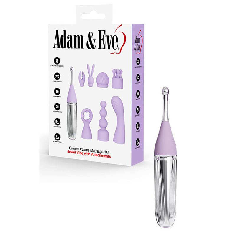 Adam & Eve Sweet Dreams Massager Kit Lavender Usb Rechargeable Point Stimulator With 8 Interchangeable Tips