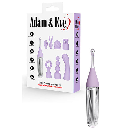 Adam & Eve Sweet Dreams Massager Kit Lavender Usb Rechargeable Point Stimulator With 8 Interchangeable Tips