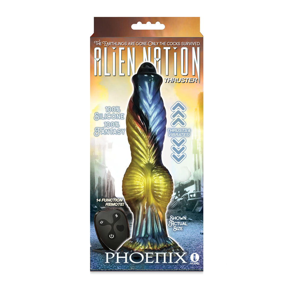 Alien Nation Phoenix Gold/Blue & Black 25.4 Cm Usb Rechargeable Thrusting Fantasy Dong With Remote