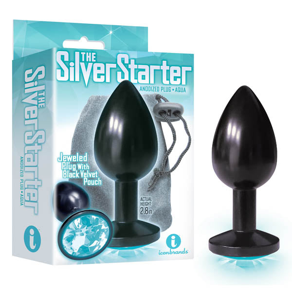 The Silver Starter Anodised Black 7.1 Cm (2.8'') Butt Plug With Aqua Round Jewel