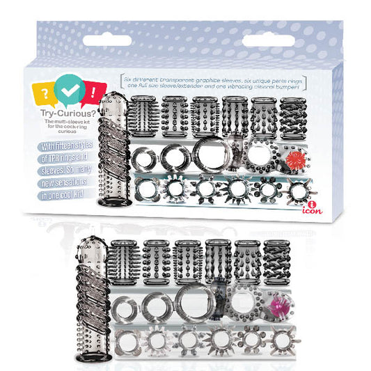 Try Curious Cock Ring & Sleeve Set Clear 15 Piece Set