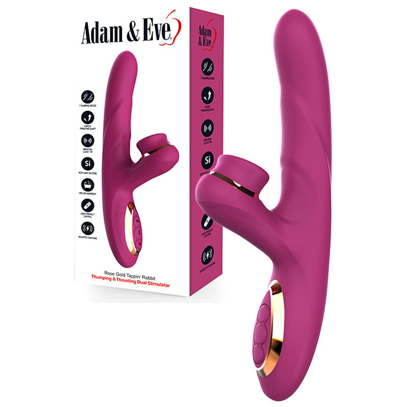 Adam & Eve Rose Gold Tappin Rabbit Purple 22.5 Cm Usb Rechargeable Tapping & Thrusting Rabbit Vibrator