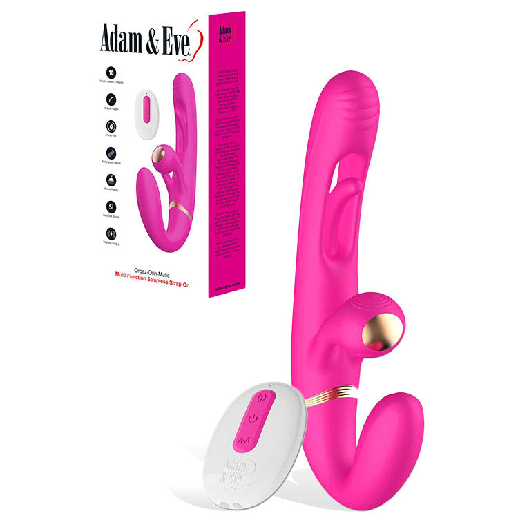 Adam & Eve Orgaz Ohh Matic Pink 23.5 Cm Usb Rechargeable Strapless Strap On With Remote